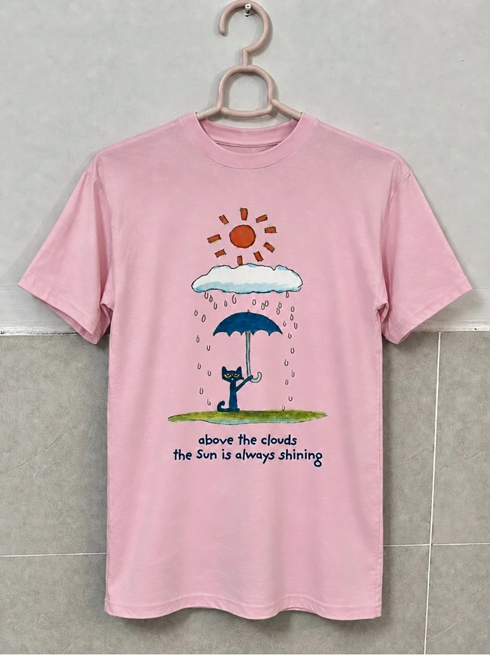 Cute Peter Cat Whimsical Graphic Light Pink T-Shirt